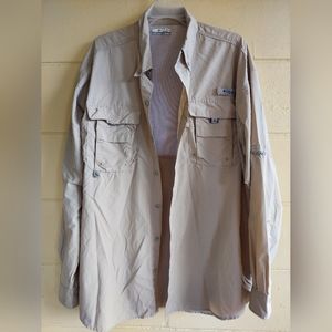 Columbia PFG Fishing Shirt XL Beige/Tan Omni Shade Vented Caped Long Sleeve